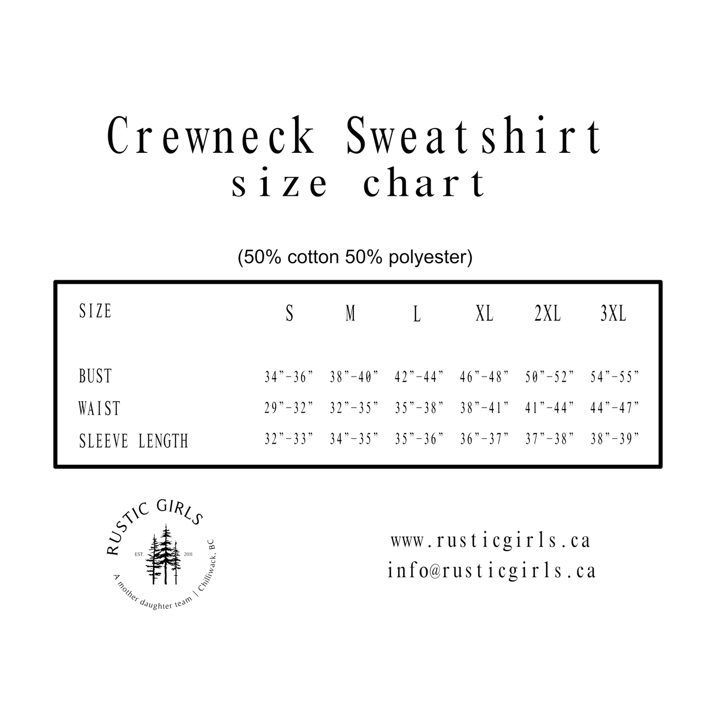 Crewneck size chart for dog mom sweatshirt in various sizes and measurements