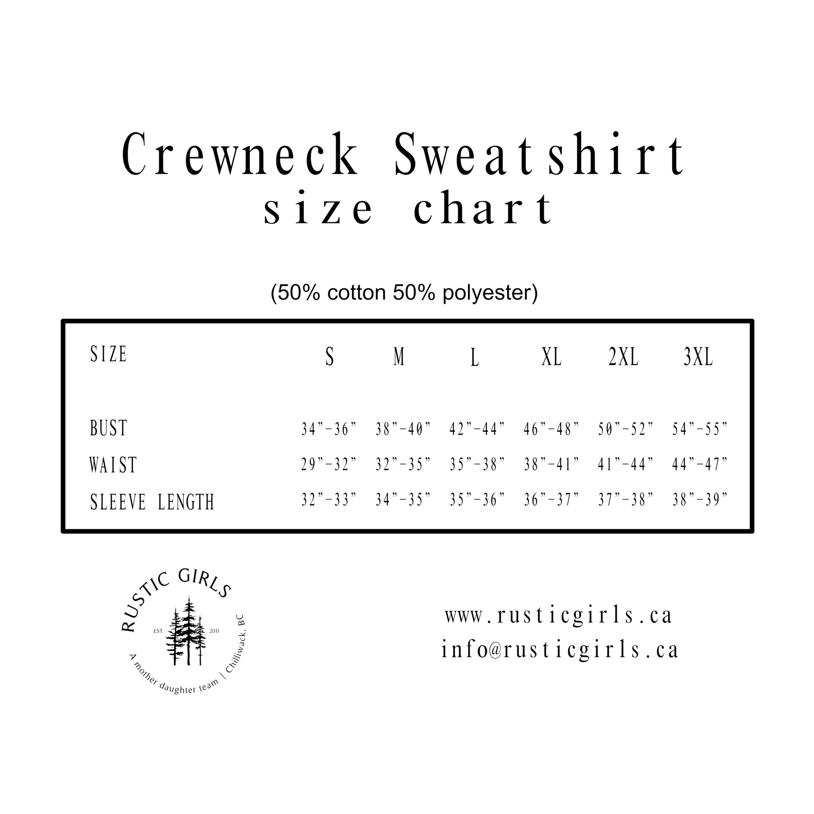 Crewneck size chart for dog mom sweatshirt in various sizes and measurements