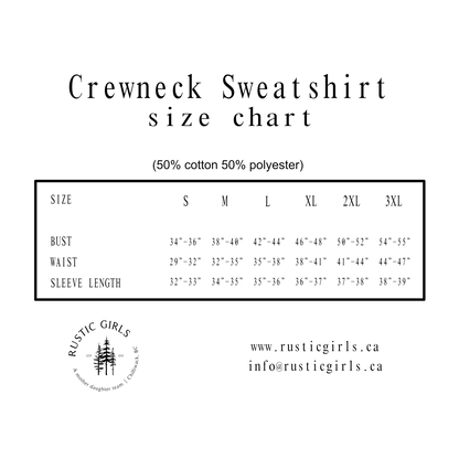 Crewneck size chart for dog mom sweatshirt in various sizes and measurements