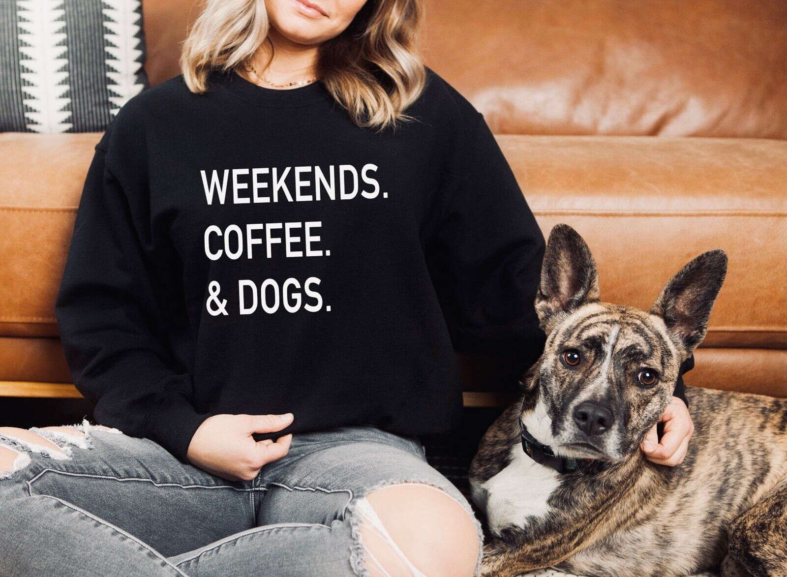 Dog mom sweatshirt in black with text reading Weekends Coffee and Dogs, perfect for dog lovers