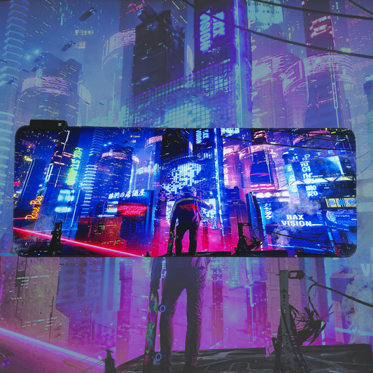 Tapis de souris LED Cyberpunk Night City Dystopian Tapis de souris 7 lumières LED surface lisse