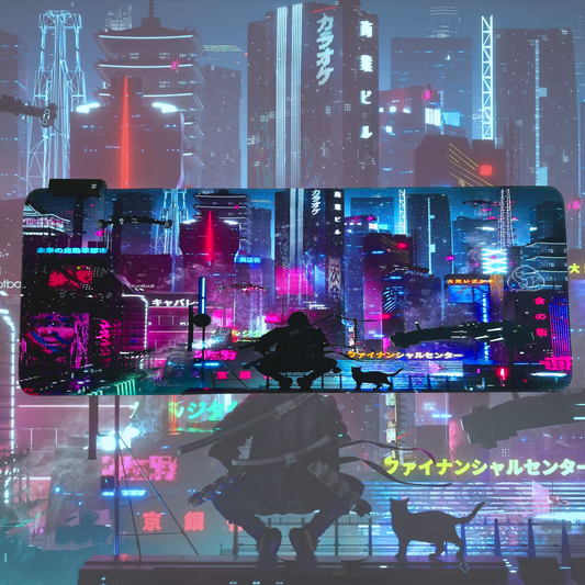 Tapis de souris LED Cyberpunk Night City Dystopian DS2, 7 lumières LED, surface lisse