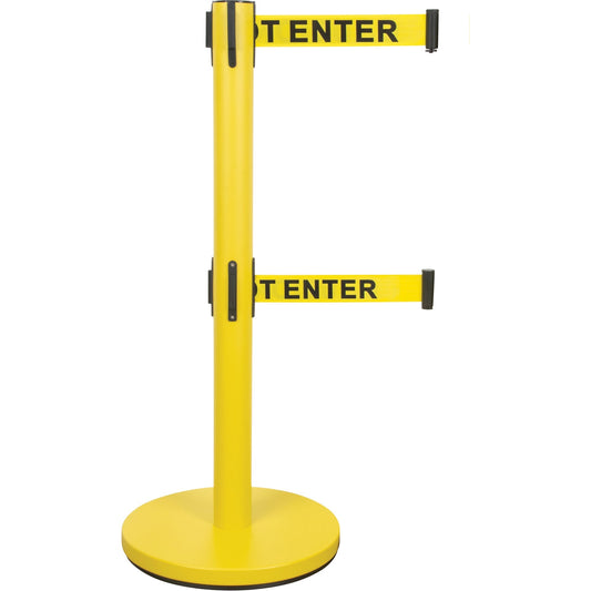 Dual Belt Crowd Control Barrier, Steel, 35" H, Yellow Tape, 7' Tape Length - www.Shopthatapp.com