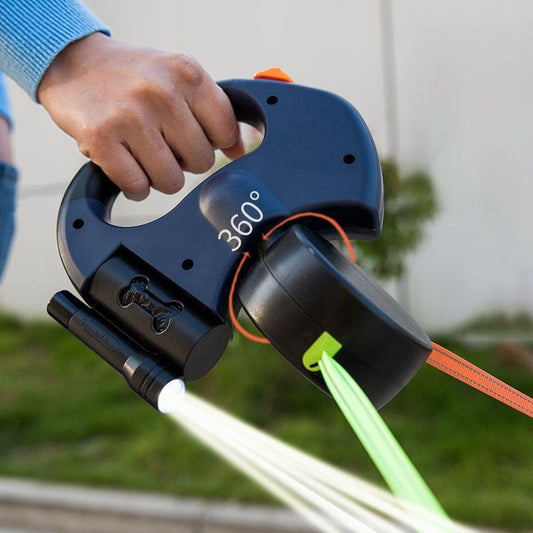 Laisse rétractable double pour chien avec sac à déjections et flash LED