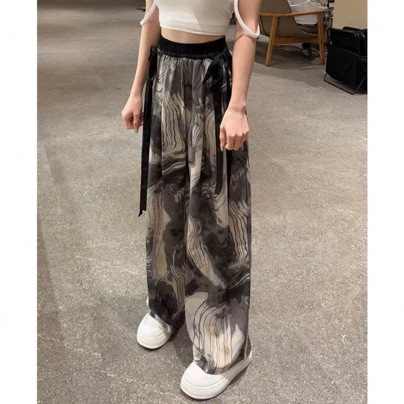 New Painting Ice Silk Wide-leg Baggy Trouser Pants Summer Women - www.Shopthatapp.com