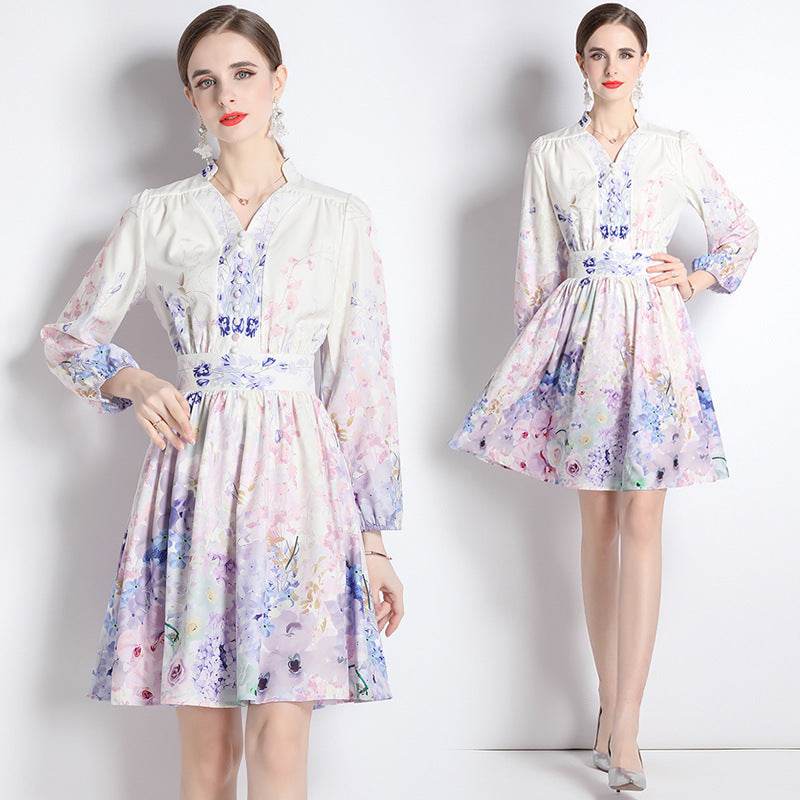Elegant V-neck Vintage Floral Print Long Sleeves Dress Spring - www.Shopthatapp.com