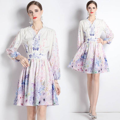 Elegant V-neck Vintage Floral Print Long Sleeves Dress Spring - www.Shopthatapp.com
