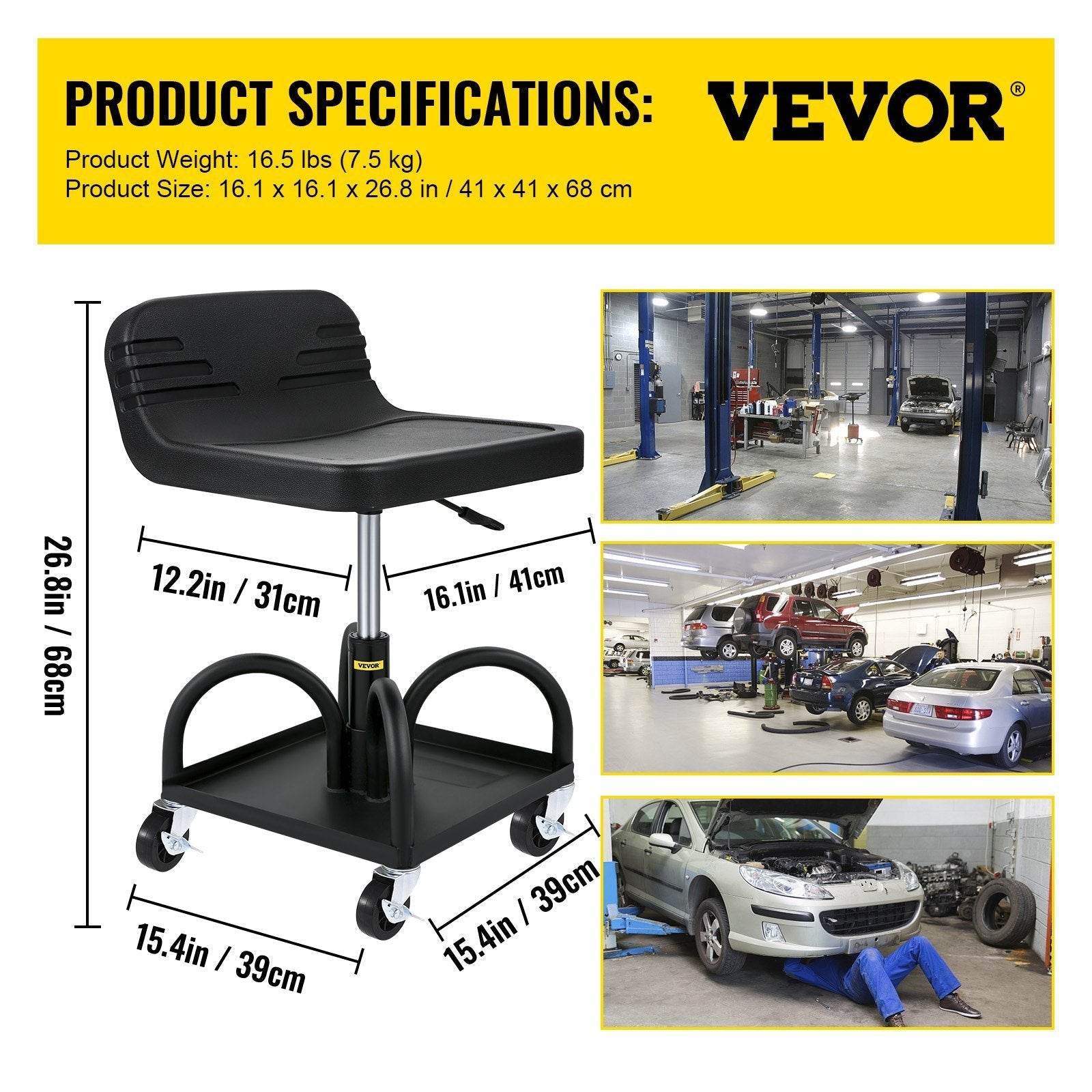 Rolling Garage Stool, 300LBS Capacity, Adjustable Height From 15.7 In To 20.5 In, Mechanic Seat With 360-degree Swivel Wheels And Tool Tray, For Workshop, Auto Repair Shop, Black - www.Shopthatapp.com