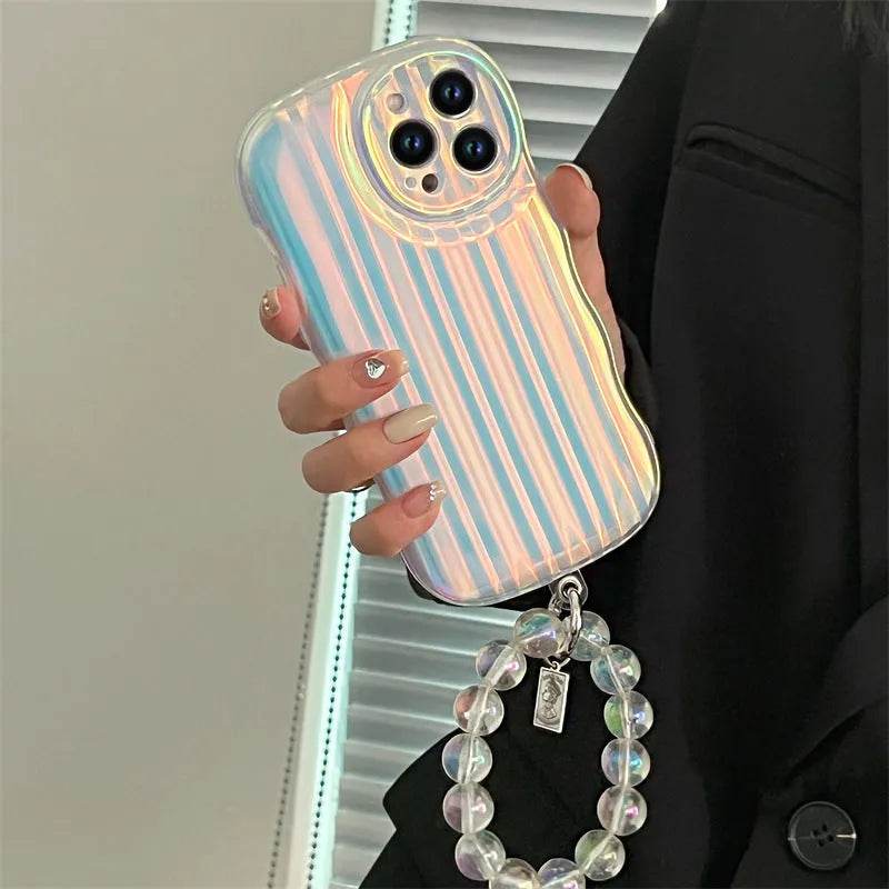 Laser Wave Silicone Phone Case Gradient Laser Stripes Bracelet Case For IPhone 14 13 12 11 Pro Max Plus Bead Chain - www.Shopthatapp.com