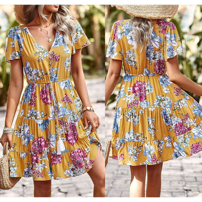 Women Casual floral summer dress  Printed V-neck short sleeve Mini Dress - www.Shopthatapp.com