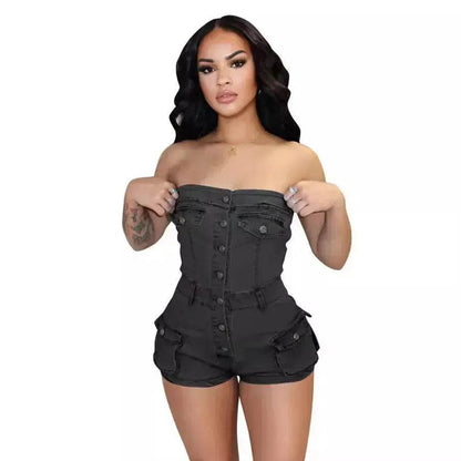 Women Denim Tube Romper Jumpsuit Strapless Bodycon Denim Short Jumpsuit - www.Shopthatapp.com
