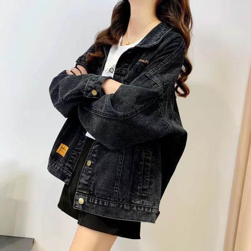 Loose Embroidered Lettered Black Denim Jacket Slimming Jacket Coat For Women - www.Shopthatapp.com