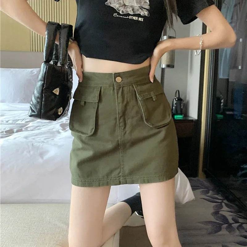 Workwear Denim Skirt Women's A- Line High Waist Mini Cargo Skirt - www.Shopthatapp.com