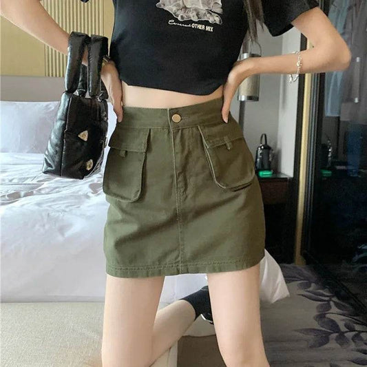 Workwear Denim Skirt Women's A- Line High Waist Mini Cargo Skirt - www.Shopthatapp.com