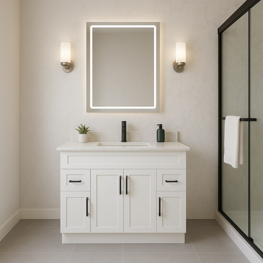 48-Inch Shaker Bathroom Vanity — White or Gray | Plywood Cabinet, Solid-Wood Doors, Soft-Close 3-Way Clip-On Hinges - www.Shopthatapp.com