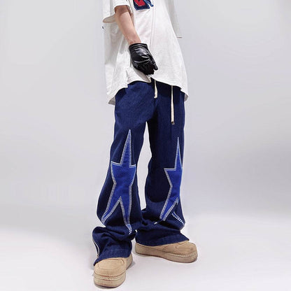 Five-pointed Star Embroidery Denim Horn Loose Straight Casual All-match Mop Jeans Baggy Trousers Men - www.Shopthatapp.com