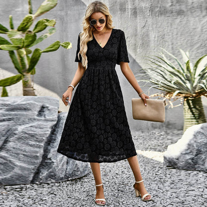 Fashion V-neck Lace Dress Summer Elegant Short Sleeve Long Dresses For Women - www.Shopthatapp.com
