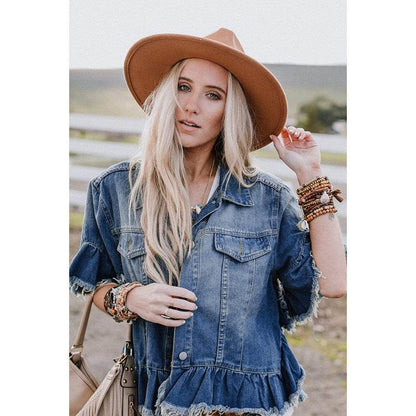 Loose Denim Jacket with Ruffled Sleeves Casual Cotton Style - www.Shopthatapp.com