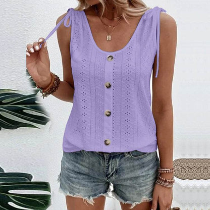 Casual summer U-neck Vest Women Shoulder With Bow Tie Summer blouse top - www.Shopthatapp.com