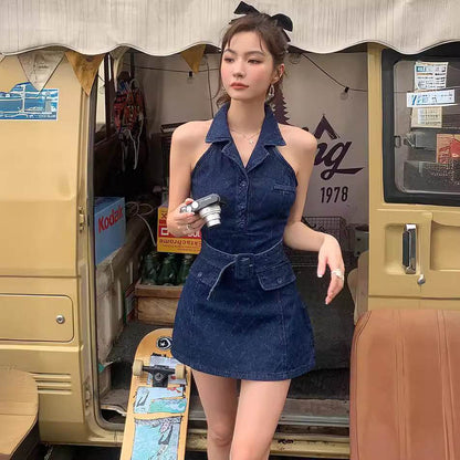 Mini Sleeveless Sheath Denim jeans halter neck Dress - www.Shopthatapp.com