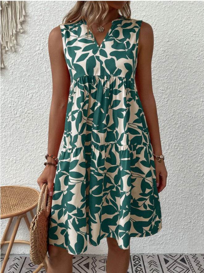 Bohemian Dresses Summer Beach Fashion Loose V-neck Pleated Print Sleeveless Dress For Women - www.Shopthatapp.com