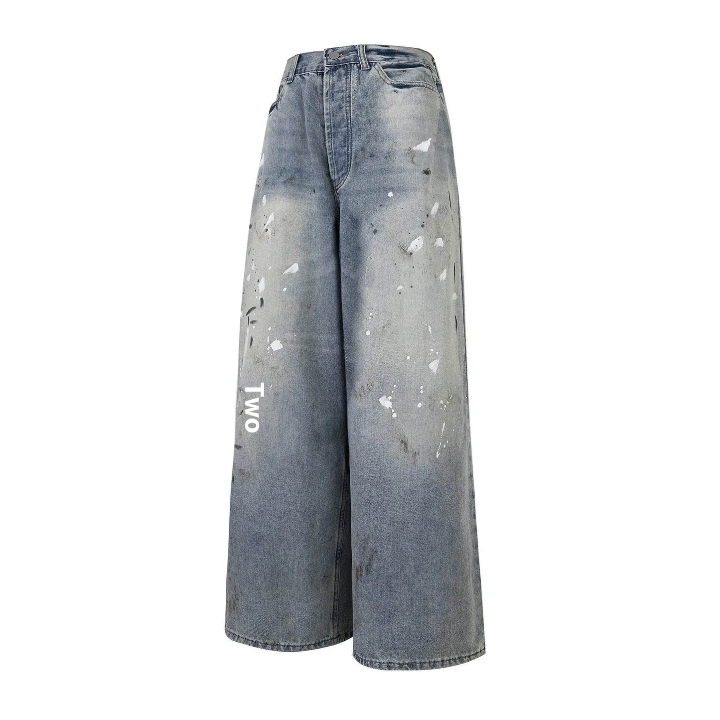 Washed Distressed Casual Loose Wide-leg Baggy Jeans Pant Splash-ink Design Slimming Unisex Style Mop Pants Men And Women - www.Shopthatapp.com