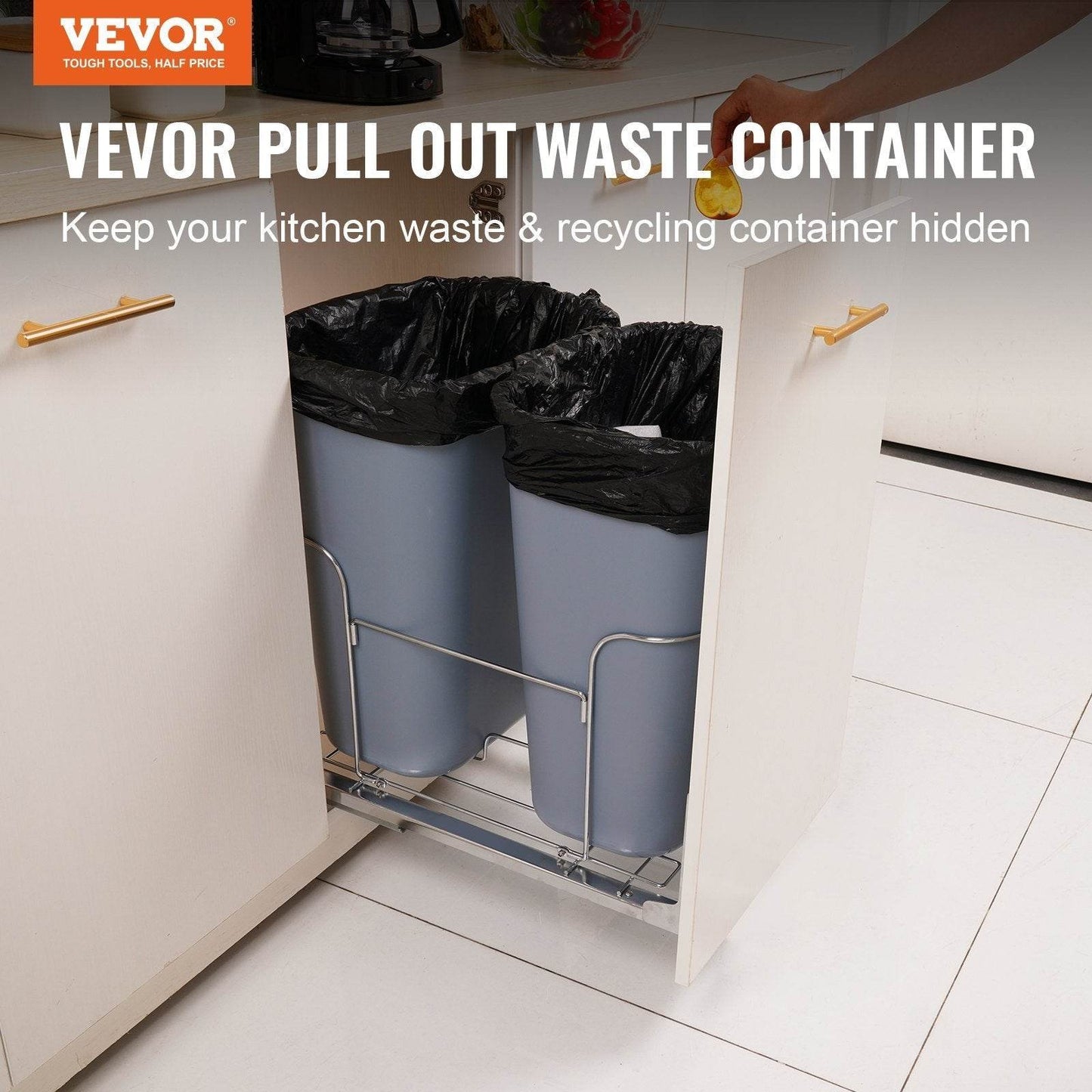 Pull-Out Trash Can, 35Lx2 Double Bins, Under Mount Kitchen Waste Container With Slide And Door Mounting Kit, 110 Lbs Load Capacity Heavy Duty Garbage Recycling Bin For Kitchen Cabinet, Sink - www.Shopthatapp.com