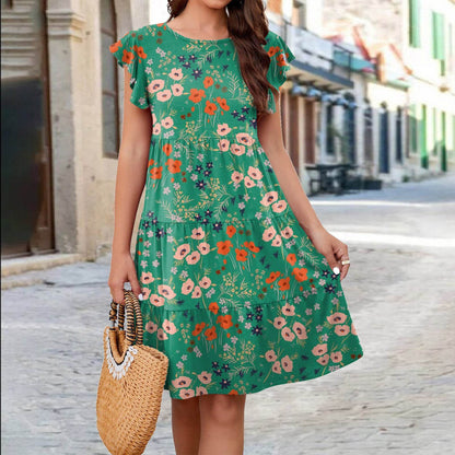Ruffle Sleeve Dress Summer Loose Flower Print Beach Dresses Sweet Skirt Women - www.Shopthatapp.com