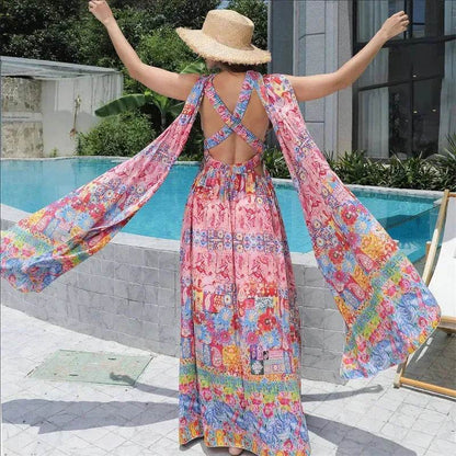 Casual Women's Floral Style Large Hem Cross Open Back Dress - www.Shopthatapp.com