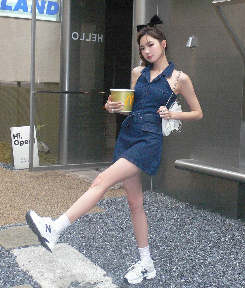 Mini Sleeveless Sheath Denim jeans halter neck Dress - www.Shopthatapp.com