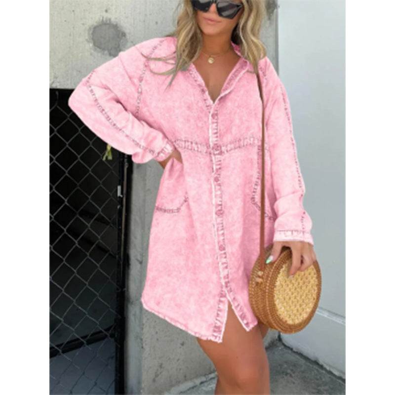 Women's Denim Washed Loose Shirt Dress - www.Shopthatapp.com