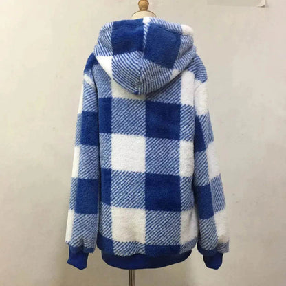 Casual Thick Fleece Plush half zip Plaid Hoodie Pullover top for women - www.Shopthatapp.com