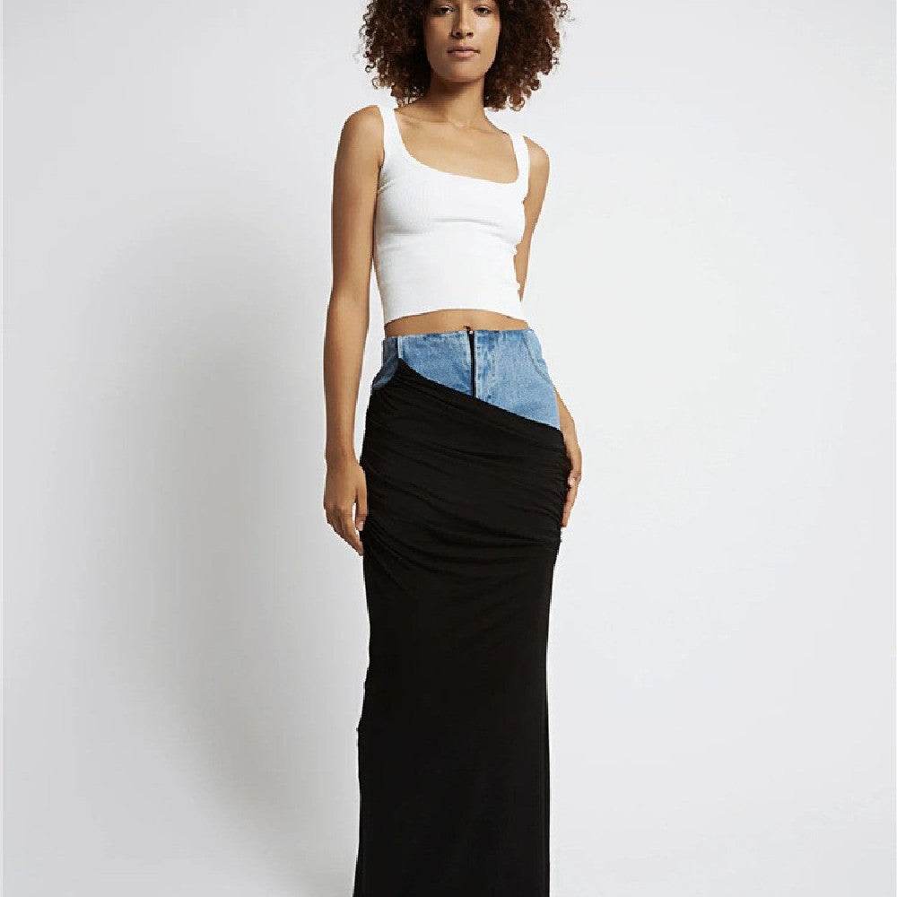 Fashion Black Panel Long Pencil Denim Skirt - www.Shopthatapp.com