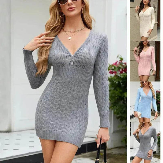 Bodycon V-Neck Long Sleeve Winter Knit Dress Ins Fashion Solid Color Casual  Mini Dress Women's - www.Shopthatapp.com
