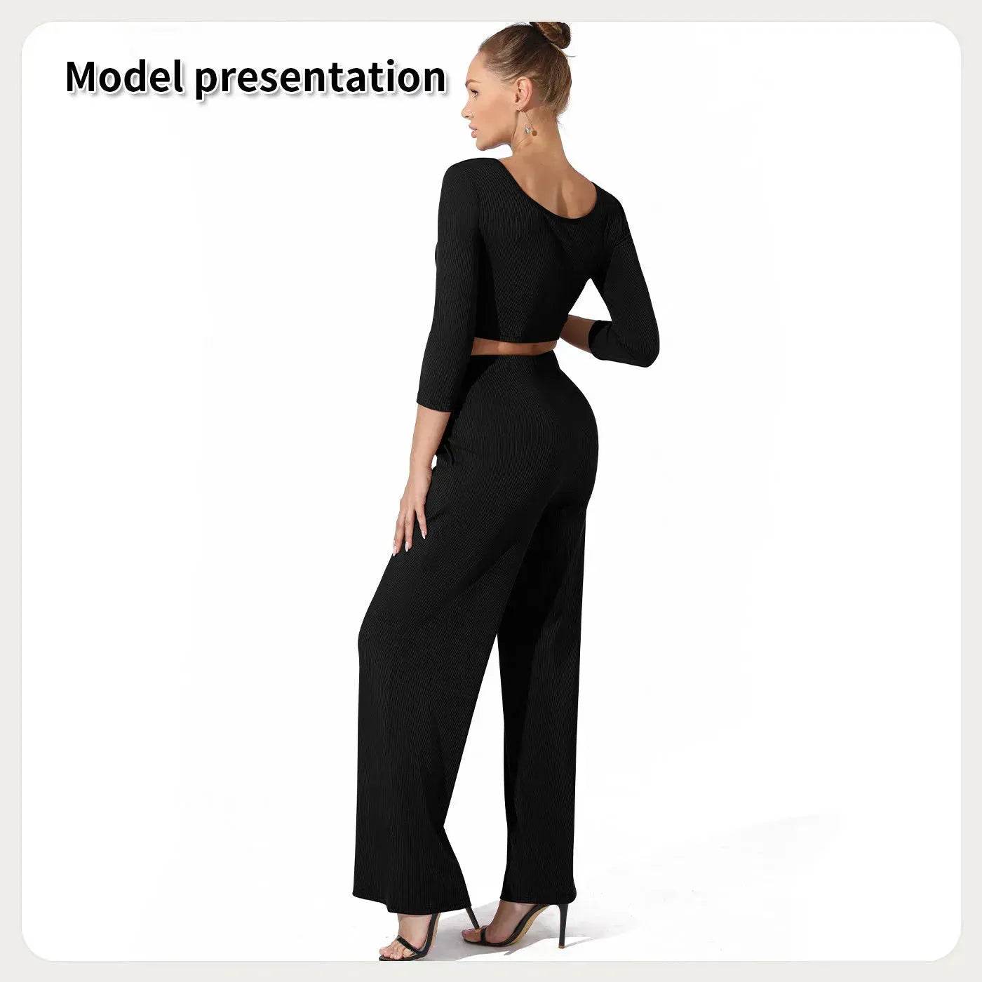Women Fashion Casual Matching 2pcs set Long Sleeve Crop top and Pant set - www.Shopthatapp.com