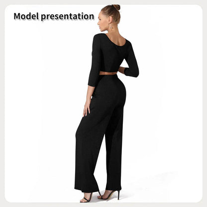 Women Fashion Casual Matching 2pcs set Long Sleeve Crop top and Pant set - www.Shopthatapp.com