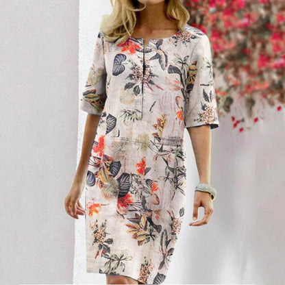 Vintage Dress Women Summer Floral Leaf Print Slit Round Neck Half Sleeve Dresses - www.Shopthatapp.com
