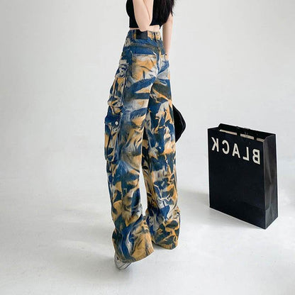 New Tie-dye Baggy CargoTrousers With Pockets Y2K Fashion High Waist Loose Wide Leg Pants Spring And Autumn - www.Shopthatapp.com