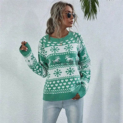 Elk Autumn And Winter New Knitted Round Neck Women's Christmas Snowflake Pullover Women's Sweater - www.Shopthatapp.com