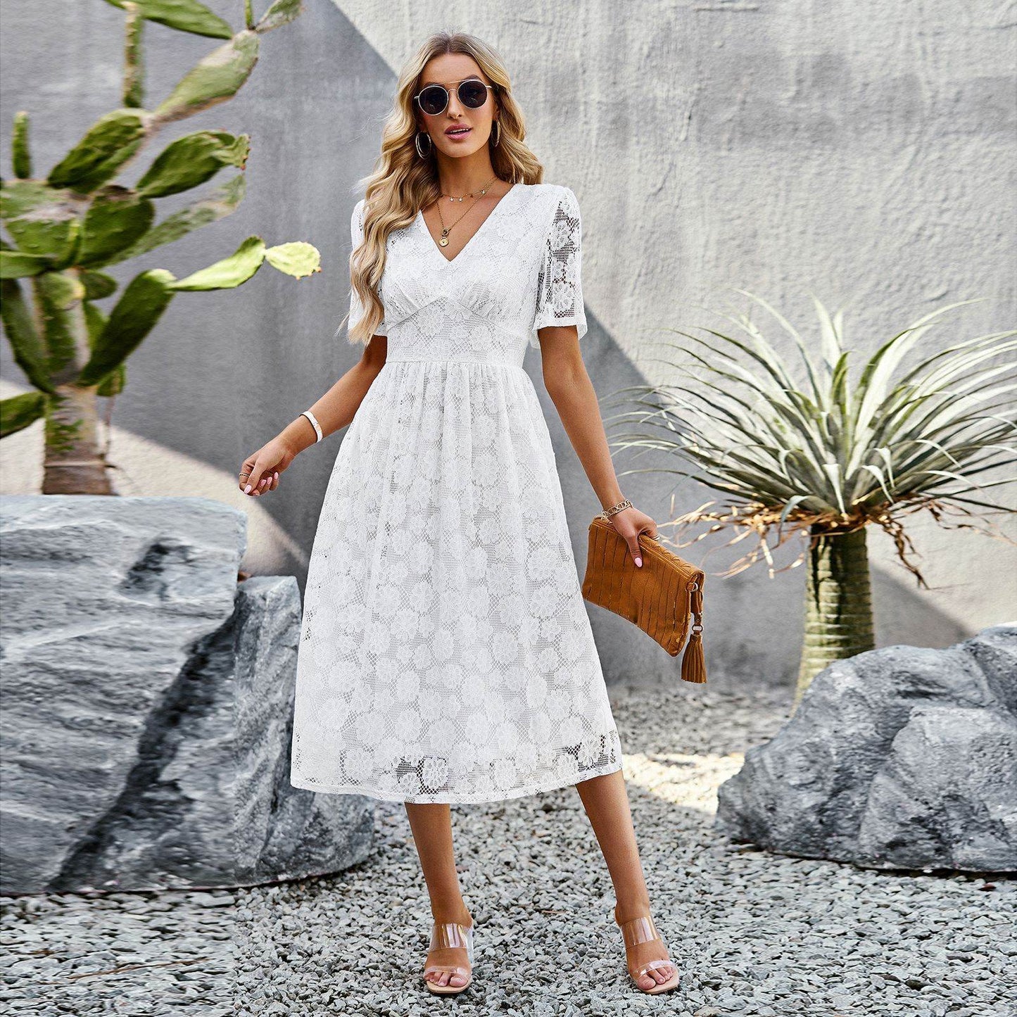 Fashion V-neck Lace Dress Summer Elegant Short Sleeve Long Dresses For Women - www.Shopthatapp.com