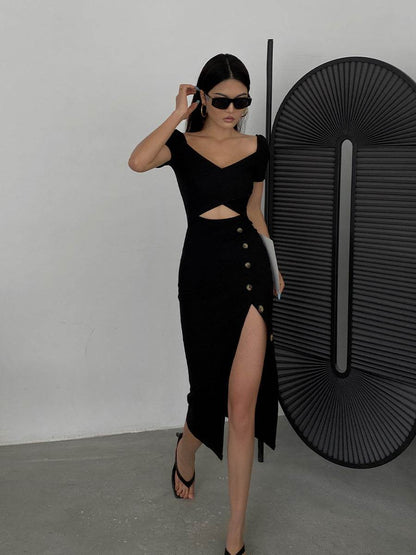 Slim And Hollow Niche Design High Slit Bag Hip Midi dress - www.Shopthatapp.com