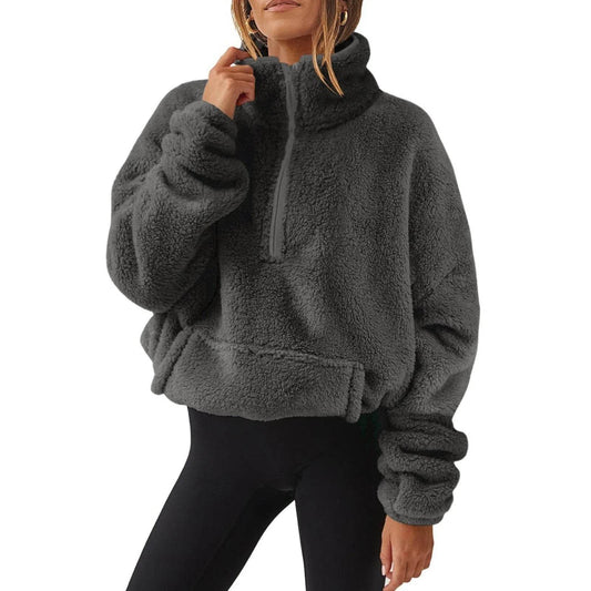 European And American Velvet Fleece-lined Women's Half Zipped Stand Collar Sweater - www.Shopthatapp.com
