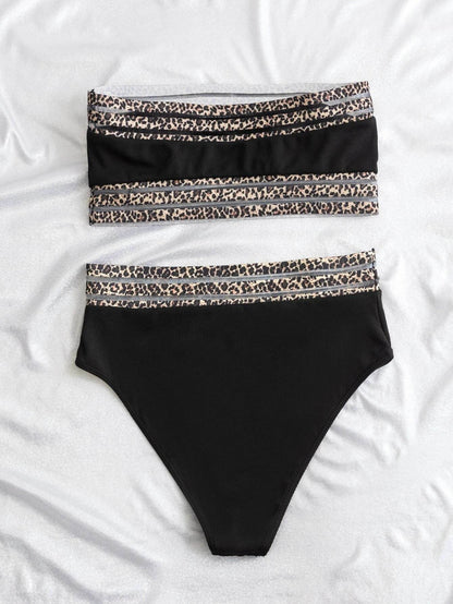Split Swimsuit Leopard Splicing Strapless - www.Shopthatapp.com