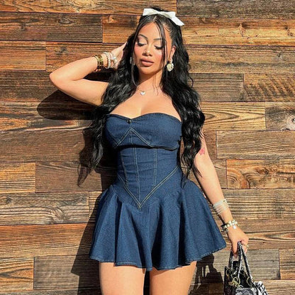 Fashion Tube Top Denim short mini Dress for Club - www.Shopthatapp.com