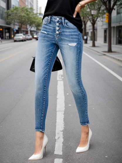 High Waisted Jeans – Women’s Blue Washed Slim Fit Denim - www.Shopthatapp.com