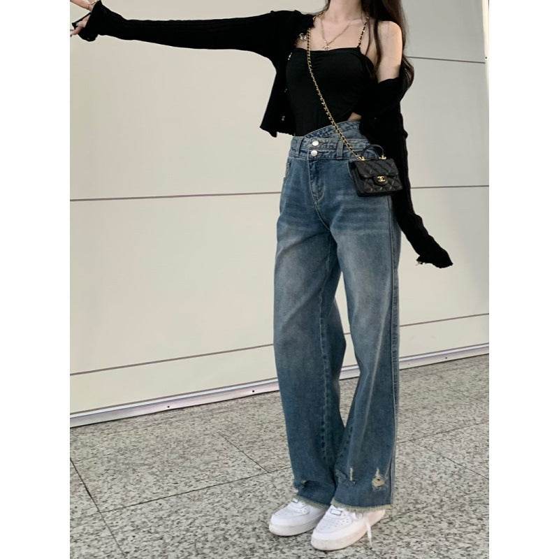 Women High waist Washed Blue Jeans Pant Wide Leg Denim Pant - www.Shopthatapp.com