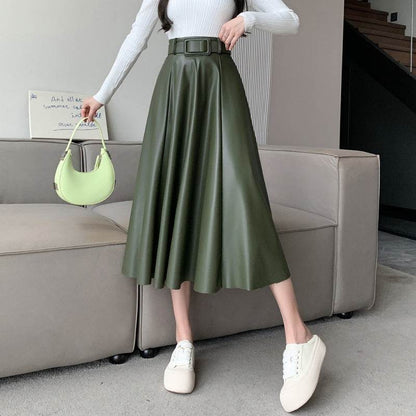 Elegant women High waist Flared Midi PU Leather skirt - www.Shopthatapp.com