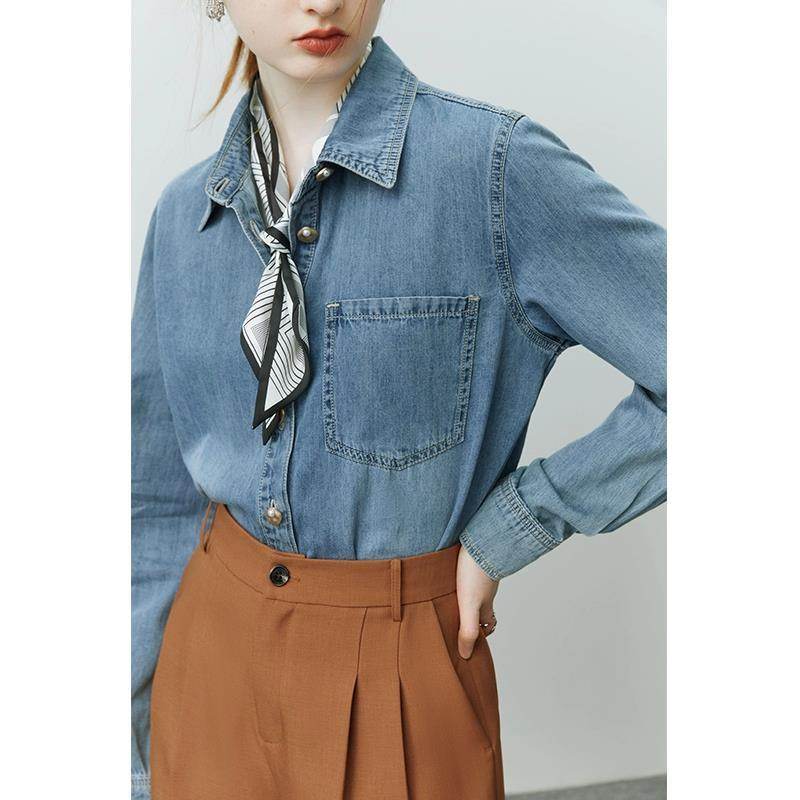 Blue Soft Denim Shirt Jacket Women's Long Sleeve Bandage Denim Dress Top - www.Shopthatapp.com
