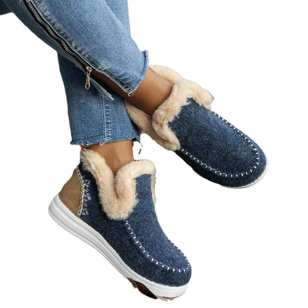Plus Size Fleece-lined Thicker Raw Edge Warm Flat Bottom Plush Winter boot Shoes for women - www.Shopthatapp.com