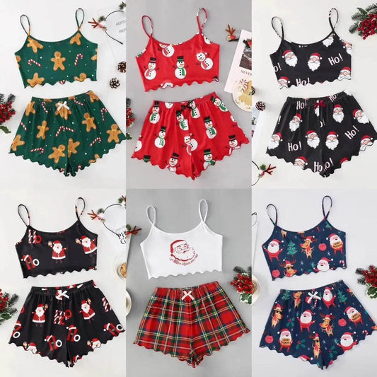 Christmas European And American Thin Pajamas Women's Sleeveless Shorts Milk Silk Simple Casual Two-piece Suit Homewear - www.Shopthatapp.com